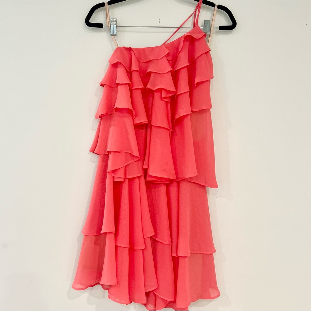 NWT- Posh Couture Coral Pink Tiered Ruffle One Shoulder Backless Dress Size XS